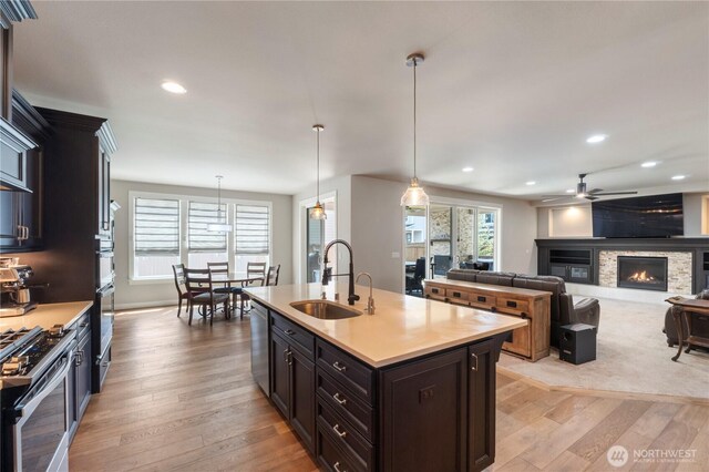 kitchen featuring a sink, appliances with stainless steel finishes, light wood-style flooring, light countertops, and recessed lighting