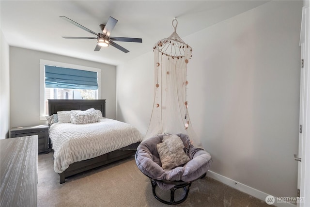 bedroom with carpet flooring, ceiling fan, and baseboards
