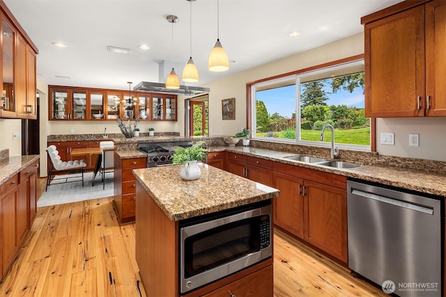 kitchen with a sink, appliances with stainless steel finishes, a center island, and light wood-style floors