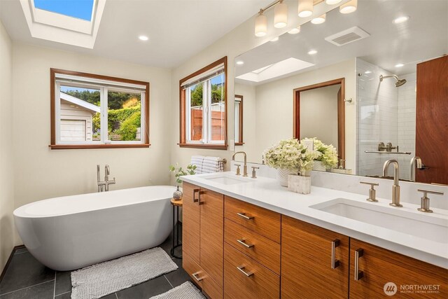 bathroom with a skylight, a sink, and visible vents