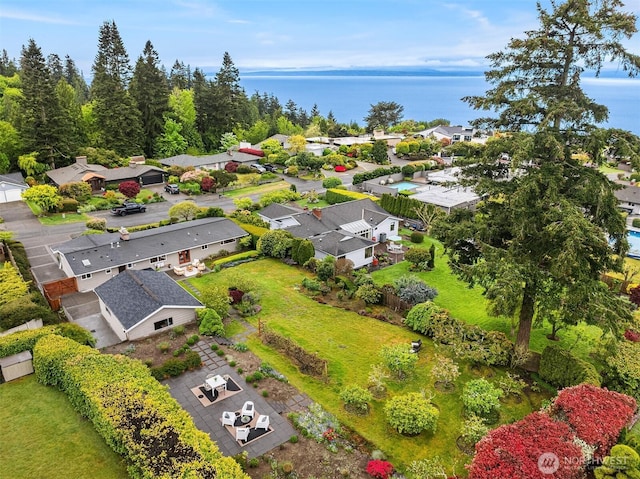 aerial view featuring a residential view and a water view
