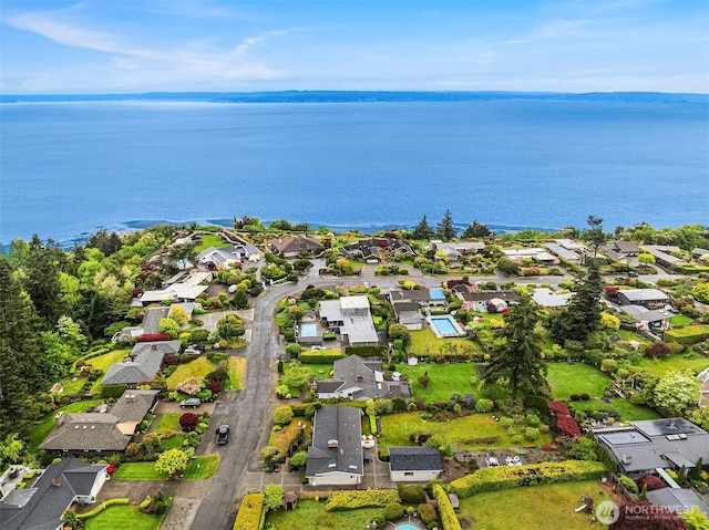 drone / aerial view with a residential view and a water view