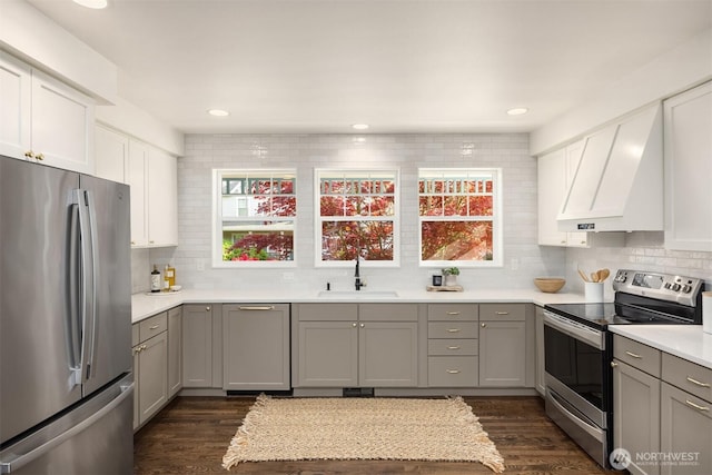kitchen featuring gray cabinetry, appliances with stainless steel finishes, decorative backsplash, and a sink