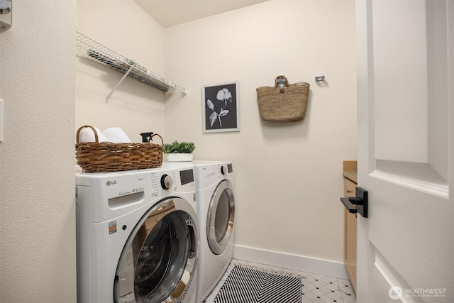 laundry room with laundry area, baseboards, and washing machine and clothes dryer