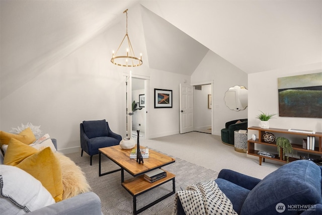 living room featuring an inviting chandelier, baseboards, carpet flooring, and high vaulted ceiling