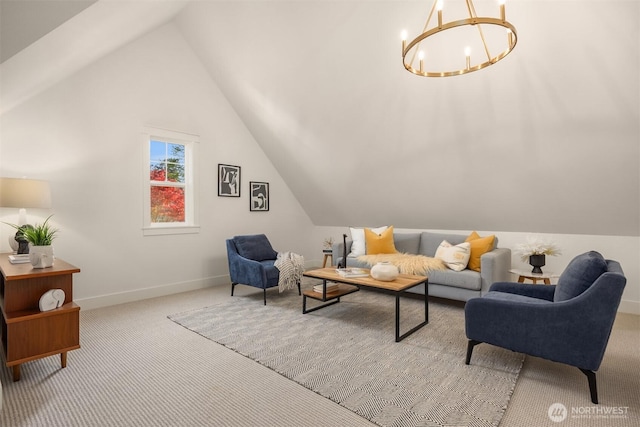 carpeted living room featuring baseboards, lofted ceiling, and a notable chandelier