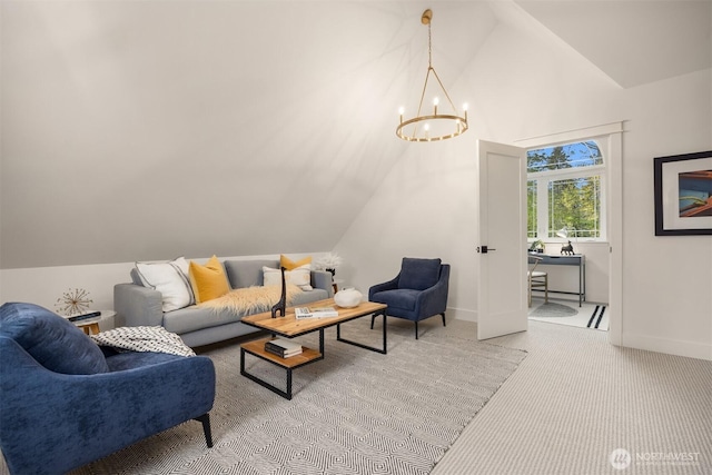 living area with an inviting chandelier, baseboards, light carpet, and high vaulted ceiling
