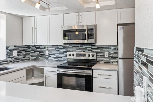 kitchen with light countertops, white cabinets, a tray ceiling, and stainless steel appliances