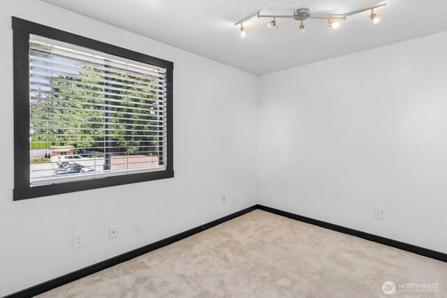 carpeted spare room with baseboards and track lighting