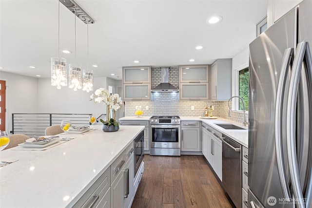 kitchen with gray cabinets, a sink, wall chimney exhaust hood, and stainless steel appliances