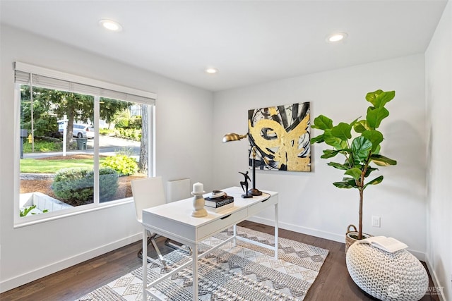 office space with baseboards, recessed lighting, and dark wood-style floors