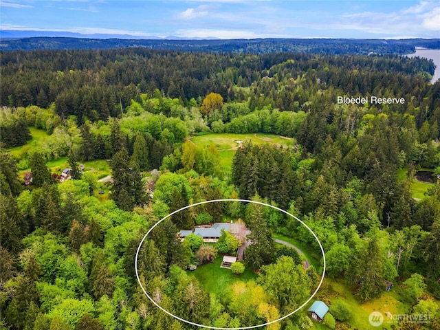 bird's eye view featuring a wooded view