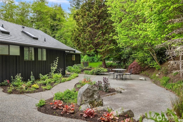 view of yard featuring outdoor dining space and a patio area