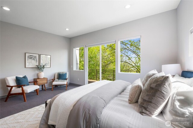 carpeted bedroom with baseboards and recessed lighting