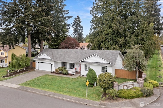 ranch-style house featuring driveway, a front yard, roof with shingles, fence, and an attached garage