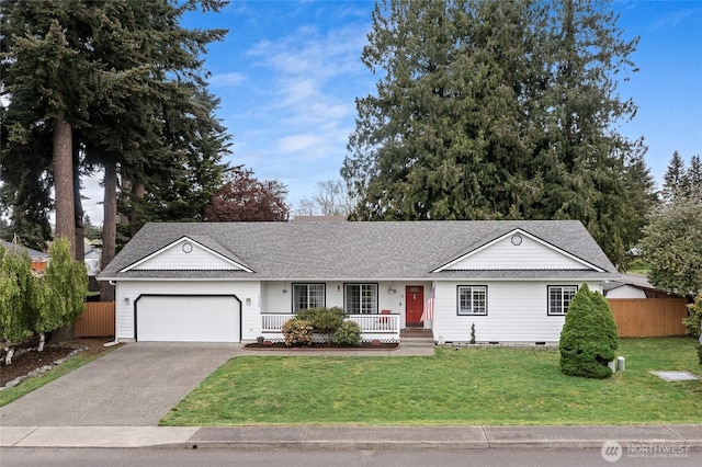 ranch-style home featuring fence, a porch, an attached garage, and driveway