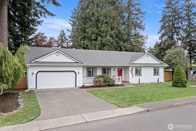 ranch-style home featuring a porch, a front yard, fence, aphalt driveway, and an attached garage