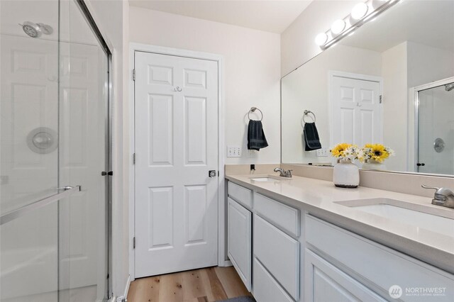 full bathroom featuring a sink, double vanity, a shower stall, and wood finished floors