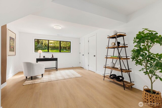 living area featuring baseboards and light wood finished floors
