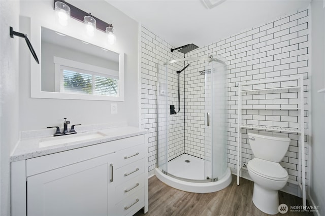 bathroom with wood finished floors, tile walls, toilet, vanity, and a stall shower