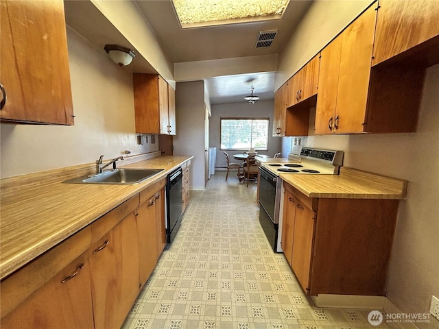 kitchen with a sink, visible vents, light countertops, electric stove, and black dishwasher