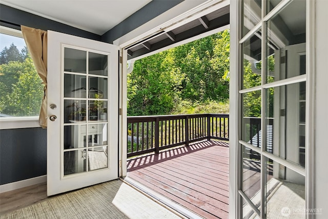 doorway with plenty of natural light, wood finished floors, and baseboards