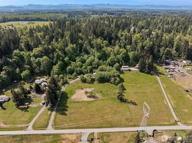 aerial overview of property's location with a heavily wooded area and a mountainous background