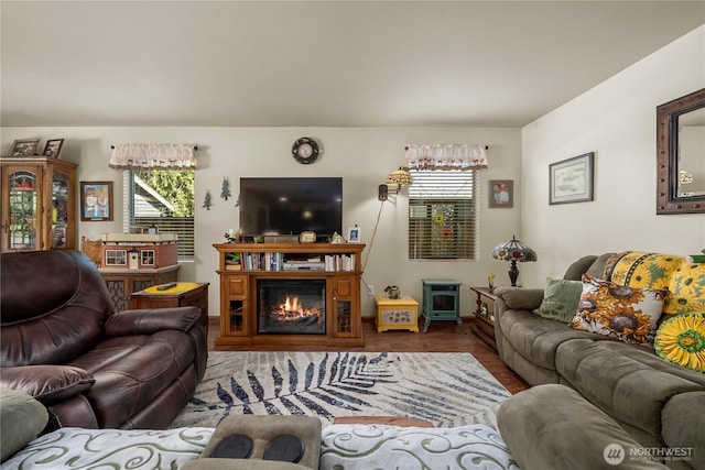 living area featuring baseboards, a glass covered fireplace, plenty of natural light, and wood finished floors