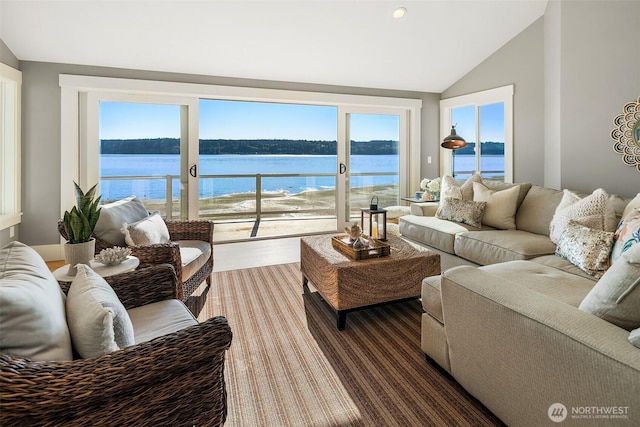 13967 SW 248th St, Vashon, WA 98070 - living area featuring a water view and lofted ceiling