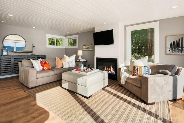 13967 SW 248th St, Vashon, WA 98070 - living room featuring wood finished floors, recessed lighting, wood ceiling, and a fireplace