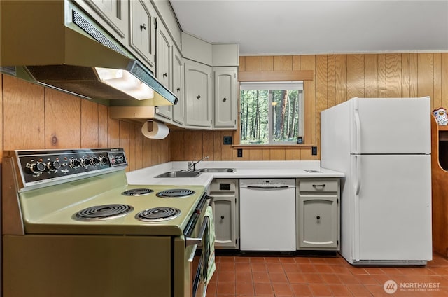 225C Lost River Rd, Mazama, WA 98833 - kitchen with tile patterned flooring, white appliances, light countertops, under cabinet range hood, and a sink