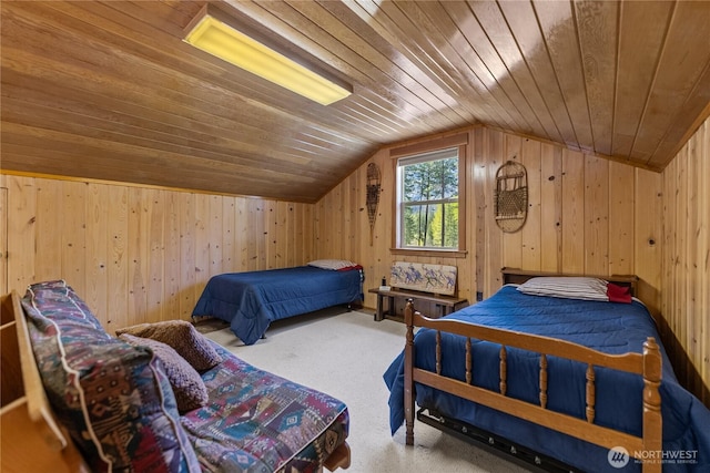 225C Lost River Rd, Mazama, WA 98833 - bedroom with carpet floors, wooden walls, vaulted ceiling, and wooden ceiling