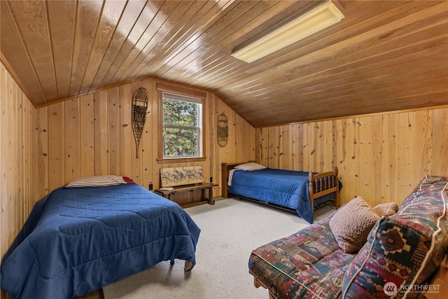 225C Lost River Rd, Mazama, WA 98833 - bedroom with wooden walls, wood ceiling, carpet, and lofted ceiling