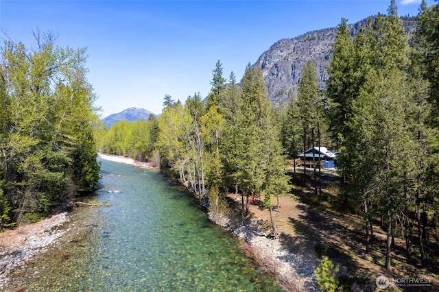 225C Lost River Rd, Mazama, WA 98833 - water view featuring a mountain backdrop and a heavily wooded area