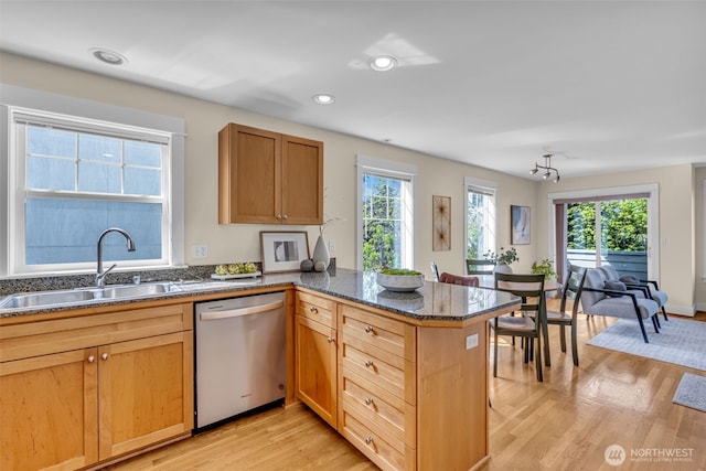 kitchen with stainless steel dishwasher, a sink, a peninsula, and a wealth of natural light
