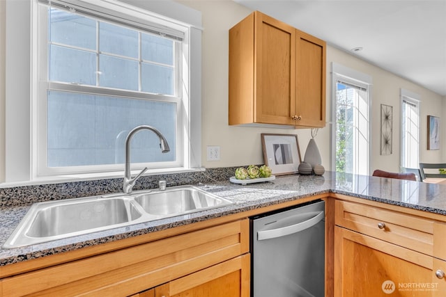 kitchen with a sink, a peninsula, and dishwasher