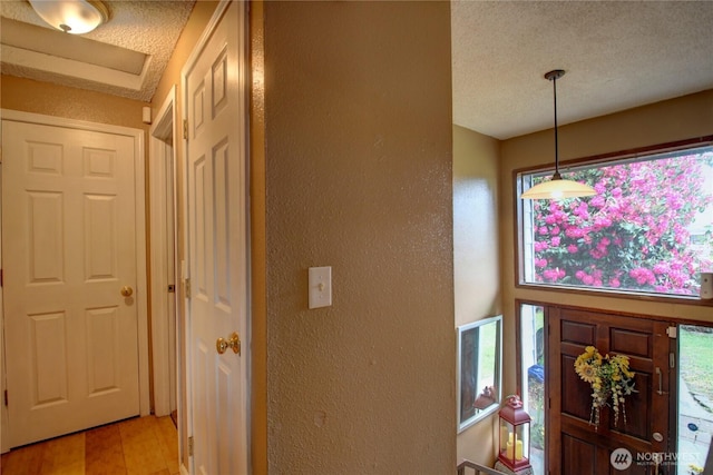 foyer with a healthy amount of sunlight, a textured wall, and a textured ceiling