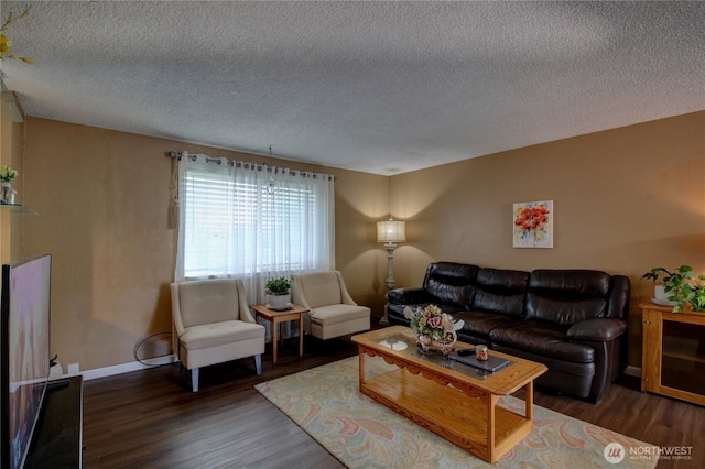 living room with baseboards, a textured ceiling, and wood finished floors