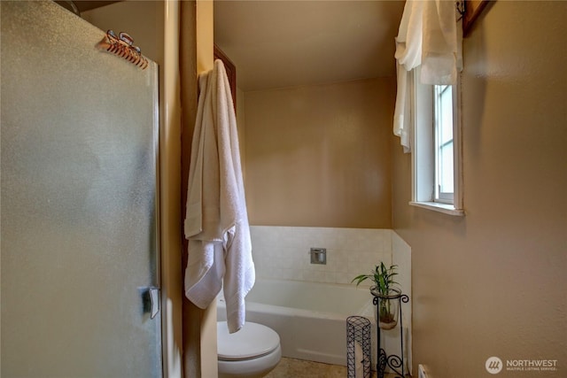 full bath with toilet, a garden tub, and a shower