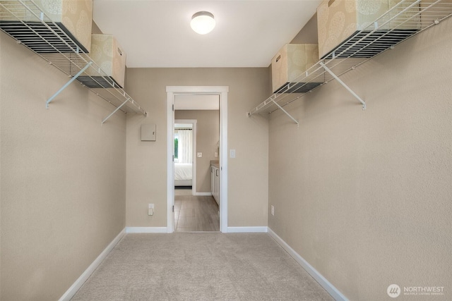 spacious closet featuring light carpet
