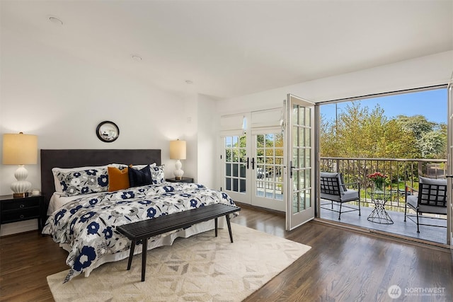 bedroom with access to outside, french doors, and wood finished floors
