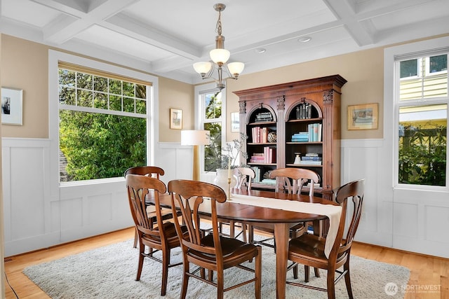 7854 Stroud Ave N, Seattle, WA 98103 - dining space with a wainscoted wall, light wood finished floors, a decorative wall, and coffered ceiling