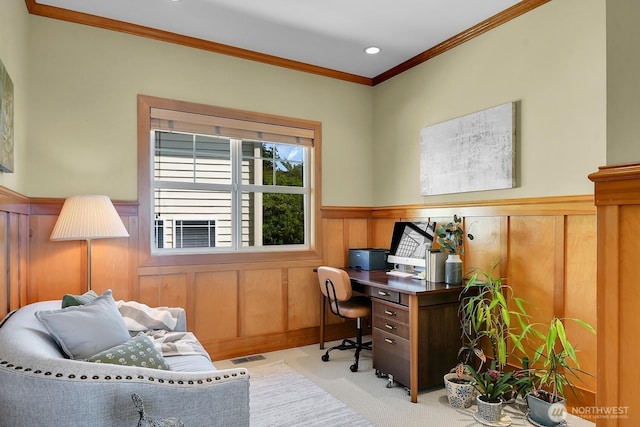 7854 Stroud Ave N, Seattle, WA 98103 - carpeted office featuring visible vents, wainscoting, ornamental molding, and recessed lighting