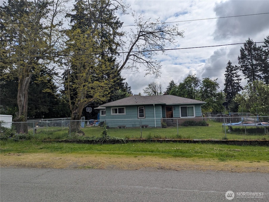 view of front of property with a fenced front yard and roof with shingles
