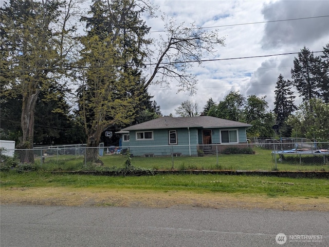 view of front of property with a fenced front yard and roof with shingles