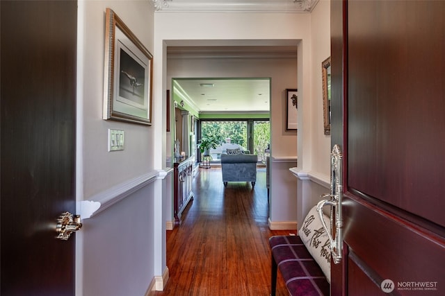 hallway with crown molding and dark wood finished floors