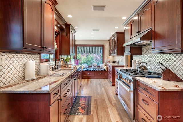 kitchen with decorative backsplash, high end stove, a sink, light wood finished floors, and under cabinet range hood