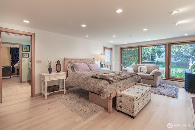 bedroom with recessed lighting, baseboards, and light wood-style floors