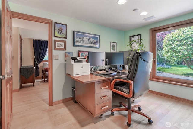 office featuring recessed lighting, baseboards, light wood-type flooring, and visible vents