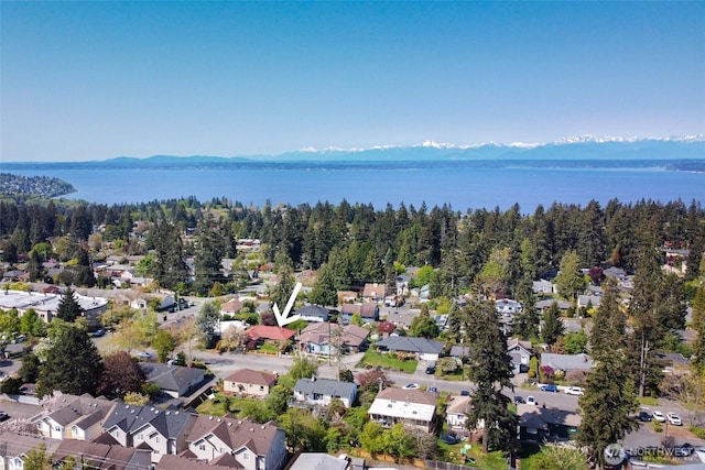 aerial view featuring a water and mountain view, a view of trees, and a residential view